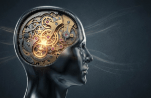 Įtakos psichologija: 6 principai, kurie valdo žmonių sprendimus nuotrauka, vaizduojanti žmogaus galvos siluetą, kurio viduje matosi sudėtingas laikrodžio mechanizmas