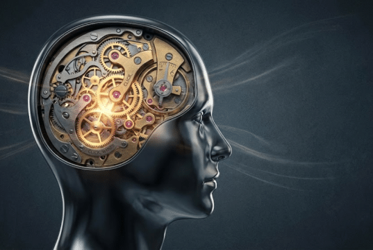 Įtakos psichologija: 6 principai, kurie valdo žmonių sprendimus nuotrauka, vaizduojanti žmogaus galvos siluetą, kurio viduje matosi sudėtingas laikrodžio mechanizmas