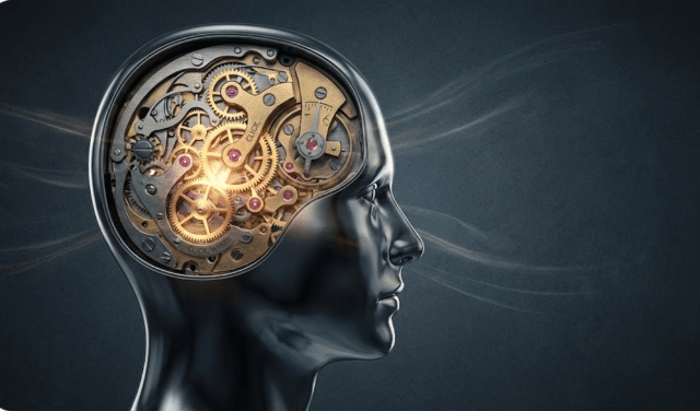 nuotrauka, vaizduojanti žmogaus galvos siluetą, kurio viduje matosi sudėtingas laikrodžio mechanizmas