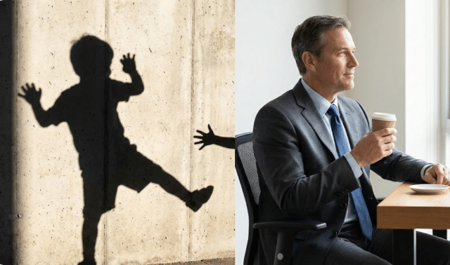 nuotraukoje subrendęs vyras sėdi ir berniuko šešėlis ant sienos