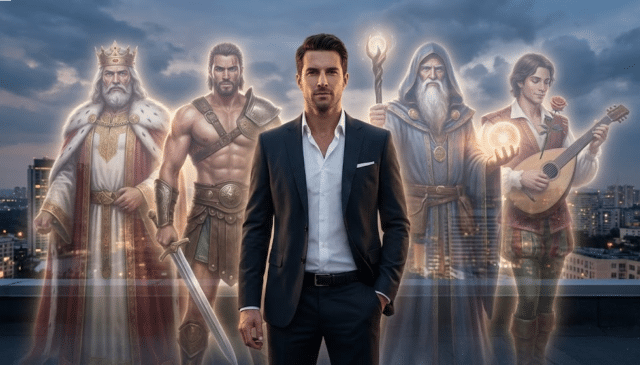 šiuolaikinis vyras ir keturi jo archetipai už nugaros