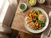 Pamirškite dietas: kodėl mitybos biochemija yra tikroji ilgaamžiškumo paslaptis? sveiko maisto lėkštė ant stalo