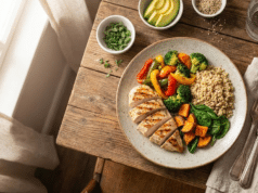 Pamirškite dietas: kodėl mitybos biochemija yra tikroji ilgaamžiškumo paslaptis? sveiko maisto lėkštė ant stalo