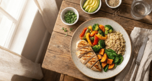 Pamirškite dietas: kodėl mitybos biochemija yra tikroji ilgaamžiškumo paslaptis? sveiko maisto lėkštė ant stalo