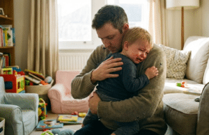 Kaip suvaldyti vaiko emocijas: Inžinieriaus gidas tėvams tėtis apkabinęs ramina savo verkiantį vaiką