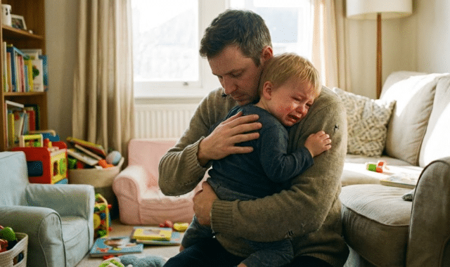 tėtis apkabinęs ramina savo verkiantį vaiką