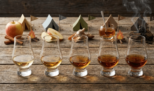 viskio taurės su skirtingos rūšies viskiu