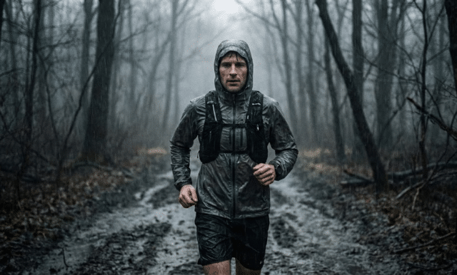 vyras bėgioja per lietų