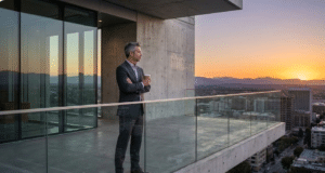 Karaliaus archetipas: Vidinė ramybė, tvarka ir palaiminimas vyras stovi dangoraižio balkone ir žiūri į miestą