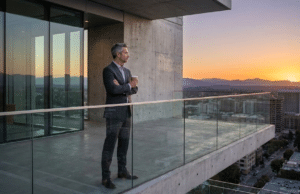 Karaliaus archetipas: Vidinė ramybė, tvarka ir palaiminimas vyras stovi dangoraižio balkone ir žiūri į miestą