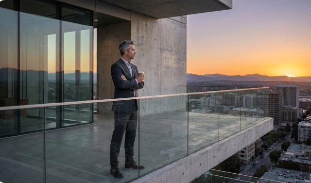 vyras stovi dangoraižio balkone ir žiūri į miestą