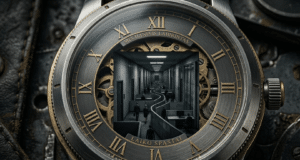 Laiko kontrolė: kodėl tai yra geriausia investicija jūsų gyvenime? Iš arti rodomas prabangaus, sunkaus mechaninio laikrodžio ciferblatas, tačiau vietoje rodyklių jo viduje matosi begalinis, tamsus biurų koridorius arba labirintas