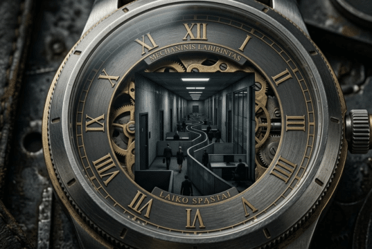 Laiko kontrolė: kodėl tai yra geriausia investicija jūsų gyvenime? Iš arti rodomas prabangaus, sunkaus mechaninio laikrodžio ciferblatas, tačiau vietoje rodyklių jo viduje matosi begalinis, tamsus biurų koridorius arba labirintas