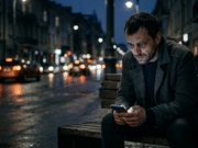 Pinigų psichologija vyrams: kaip pakeisti mąstymą ir pasiekti tikrąją finansinę ramybę Santūriai apsirengęs, pavargęs vyras sėdi prieblandoje, žiūrėdamas į šviečiantį išmaniojo telefono ekraną