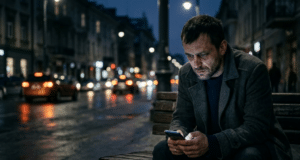 Pinigų psichologija vyrams: kaip pakeisti mąstymą ir pasiekti tikrąją finansinę ramybę Santūriai apsirengęs, pavargęs vyras sėdi prieblandoje, žiūrėdamas į šviečiantį išmaniojo telefono ekraną