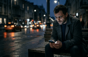 Pinigų psichologija vyrams: kaip pakeisti mąstymą ir pasiekti tikrąją finansinę ramybę Santūriai apsirengęs, pavargęs vyras sėdi prieblandoje, žiūrėdamas į šviečiantį išmaniojo telefono ekraną