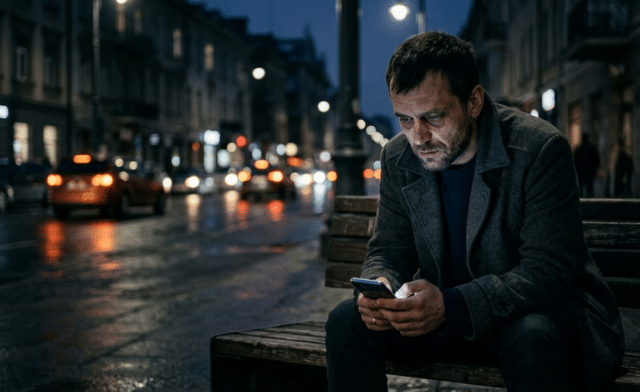 Santūriai apsirengęs, pavargęs vyras sėdi prieblandoje, žiūrėdamas į šviečiantį išmaniojo telefono ekraną