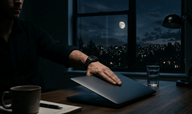 Vyro ranka ryžtingai uždaro nešiojamąjį kompiuterį