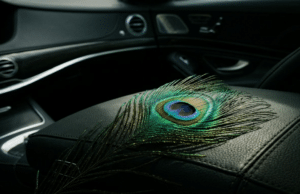 Kodėl prabangus automobilis nesuteiks trokštamos pagarbos: evoliucijos spąstai ir tylioji jėga ant tamsios, matinės prabangaus automobilio prietaisų skydelio odos guli ryški, kontrastinga povo plunksna